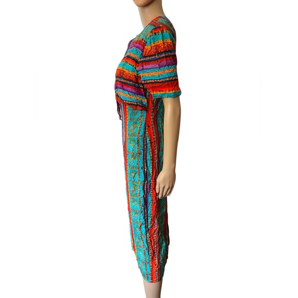 W2 Vintage 80s Bright Eclectic Hippie Funky Southwestern Striped Maxi Dress - Picture 4 of 6
